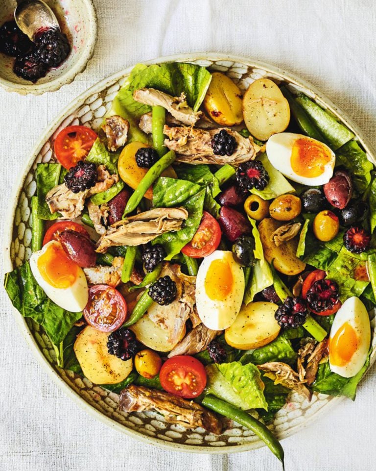 Duck niçoise salad with a blackberry dressing