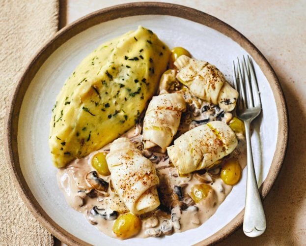 Sole veronique with tarragon mash