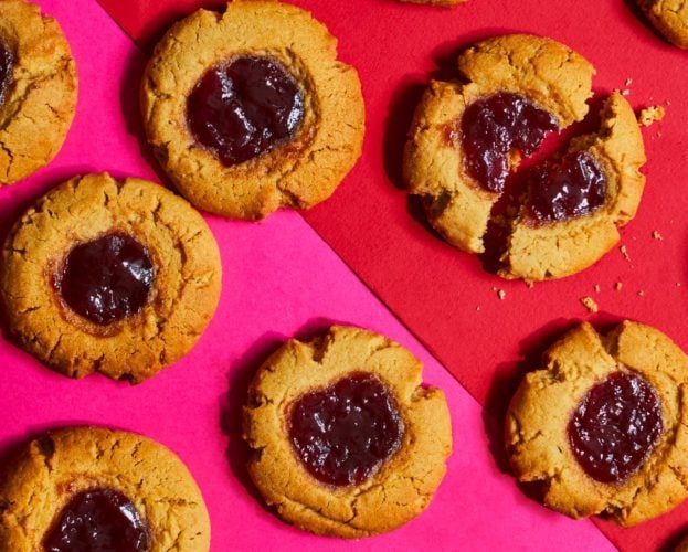Peanut butter and jam thumbprint cookies