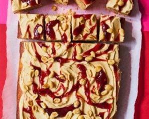 Peanut butter and jam marble cake traybake