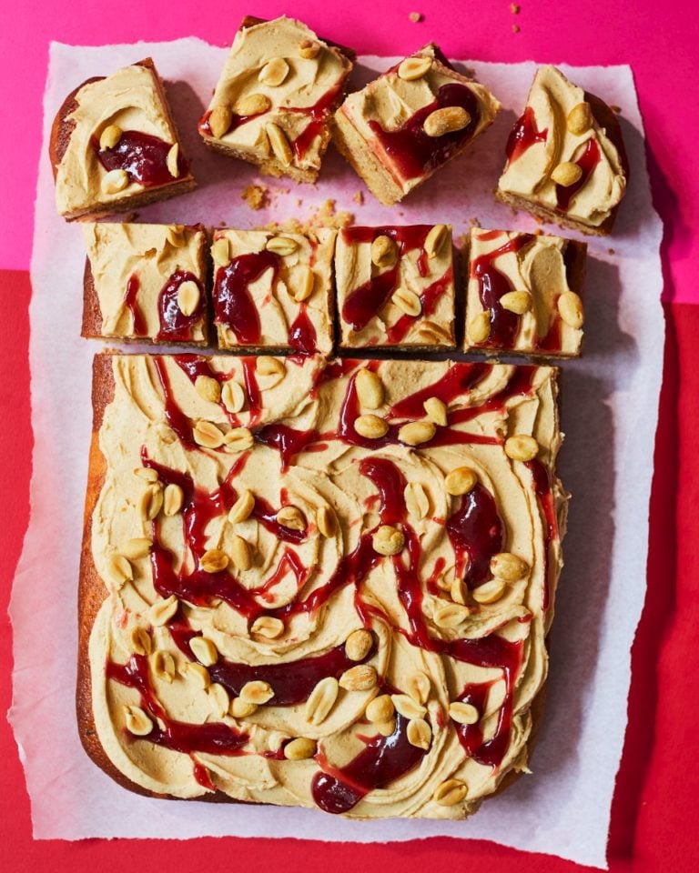 Peanut butter and jam marble cake traybake