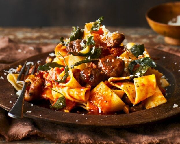 Pasta with sausage, chestnuts and sage