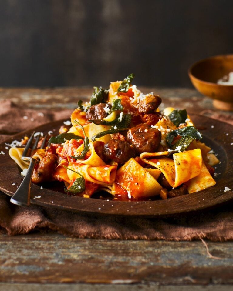 Pasta with sausage, chestnuts and sage