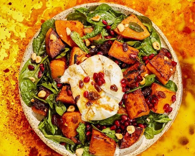 Brown butter pumpkin salad with pomegranate and burrata