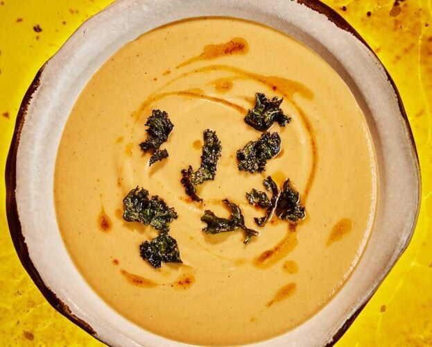 Celeriac and brown butter soup with crispy kale