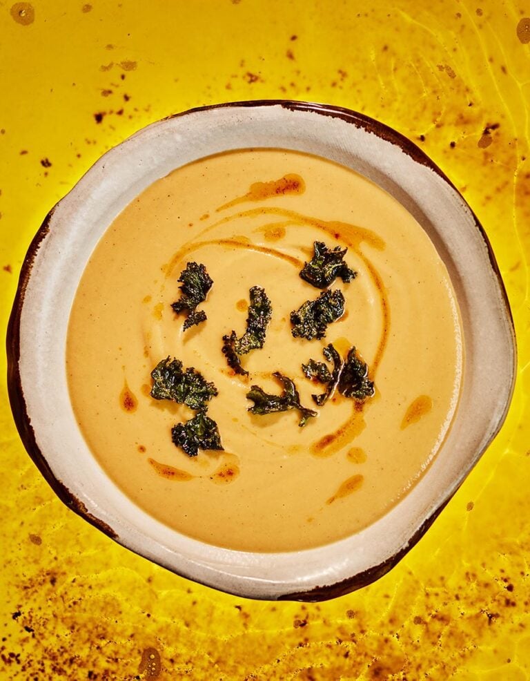 Celeriac and brown butter soup with crispy kale