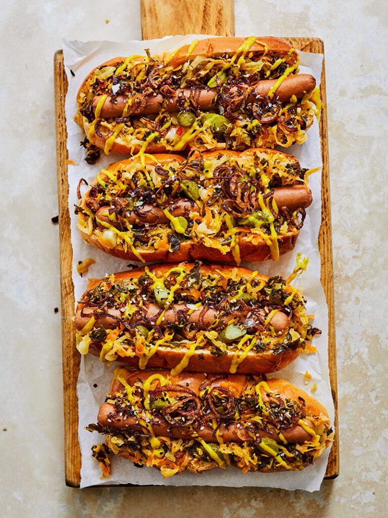 Sauerkraut hot dogs with spiced shallots