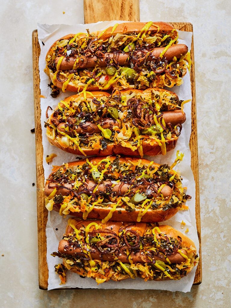 Sauerkraut hot dog with spiced shallots