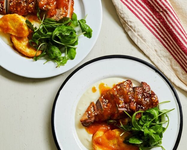 Roast duck breast with honey, sesame, orange and celeriac