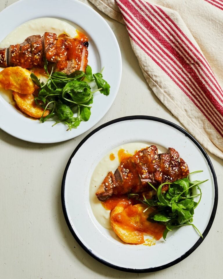 Roast duck breast with honey, sesame, orange and celeriac