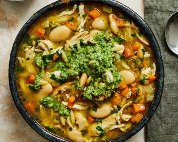 Chicken, bean and orzo soup with walnut pesto