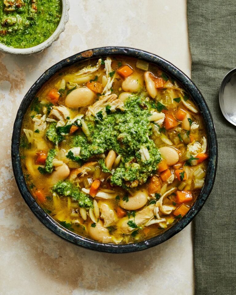 Chicken, bean and orzo soup with walnut pesto - delicious. magazine