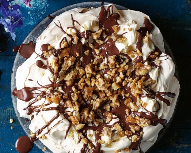 Caramelised walnut and coffee pavlova