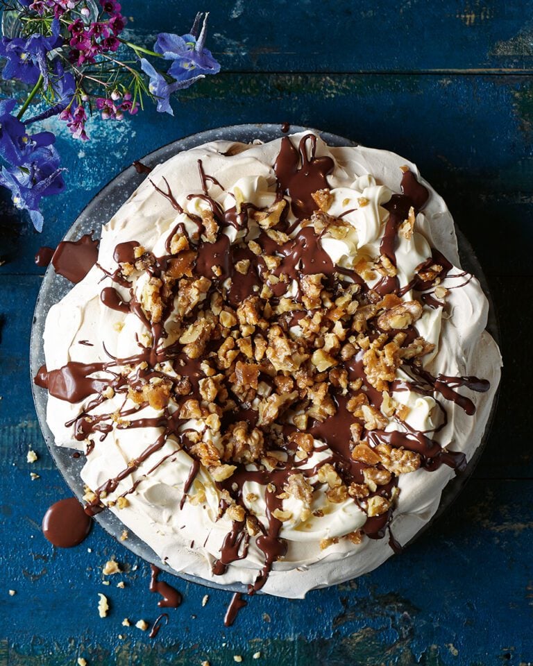 Caramelised walnut and coffee pavlova