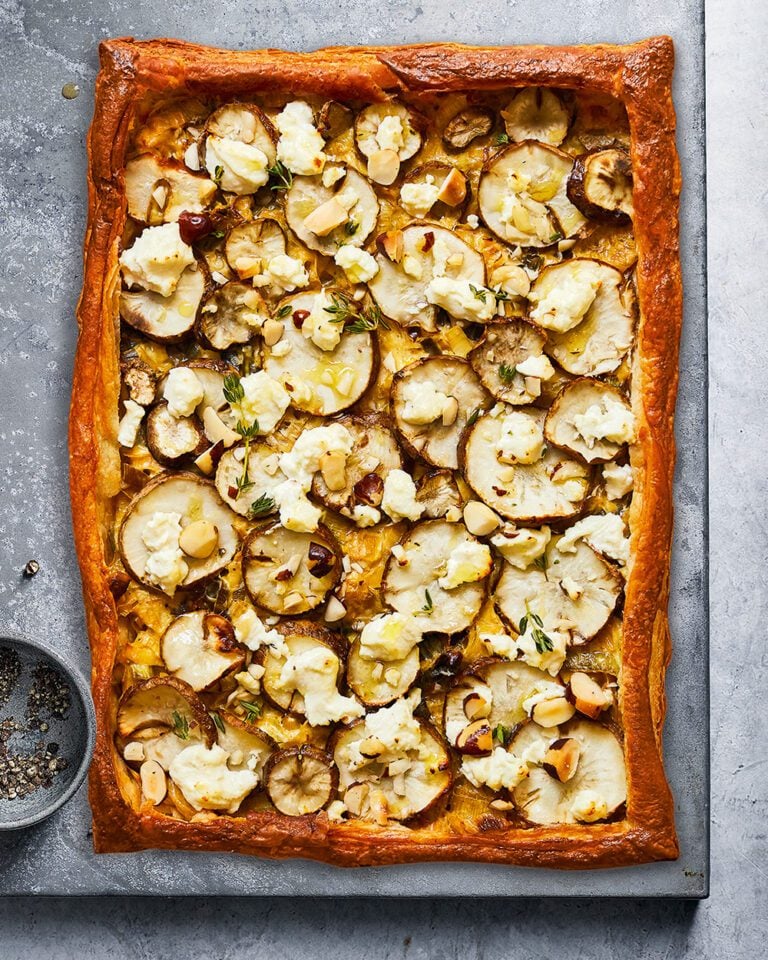 Jerusalem artichoke and goat’s cheese puff pastry tart