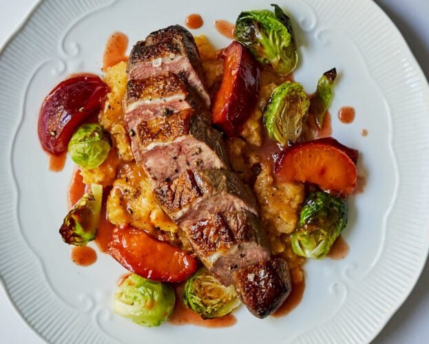 Duck with roasted plum glaze and crushed swede
