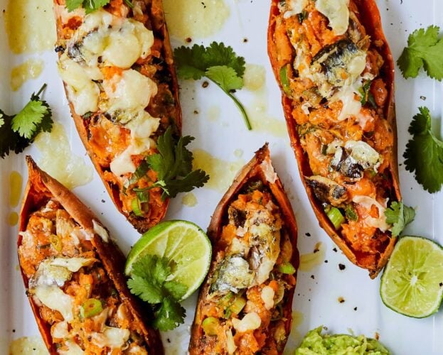 Loaded sweet potatoes with sardines and cheese