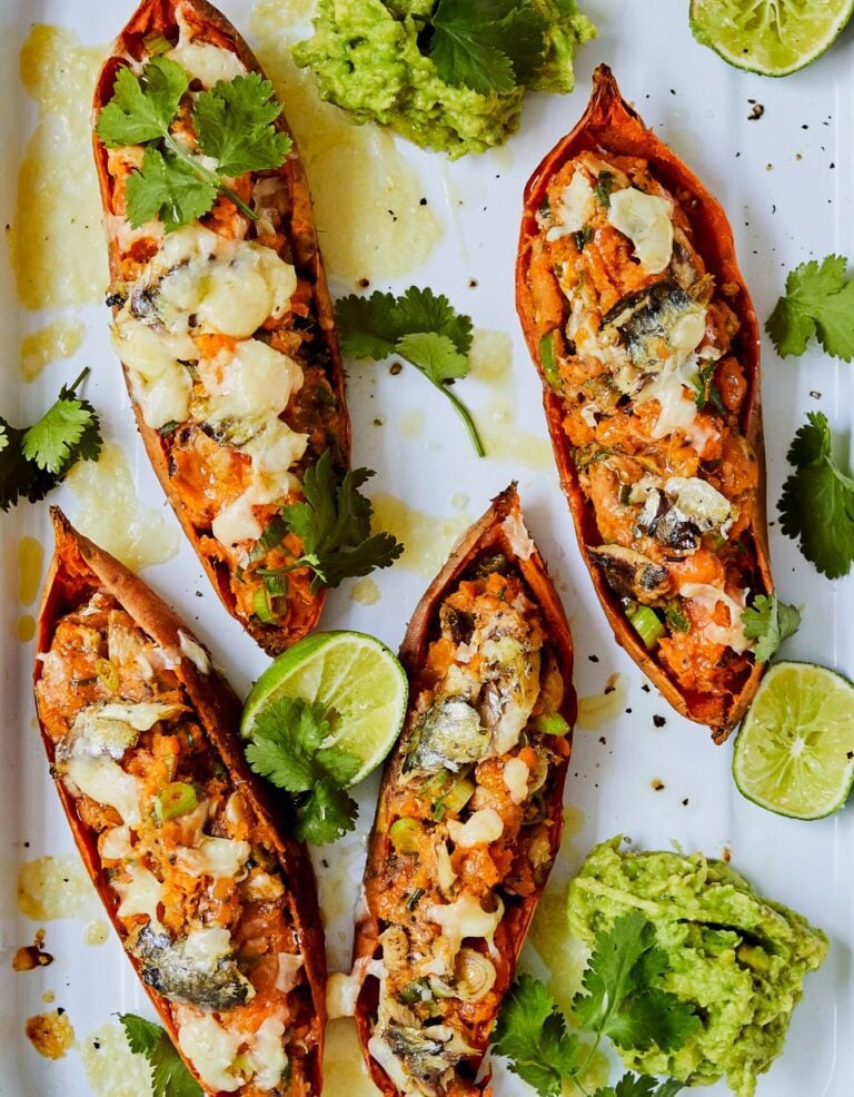 Loaded sweet potatoes with sardines and cheese