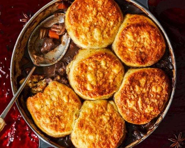 Mulled wine-braised venison cobbler