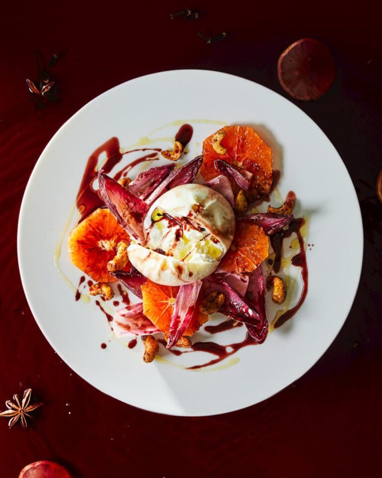 Blood orange, burrata and cinnamon-cashew salad with mulled wine glaze