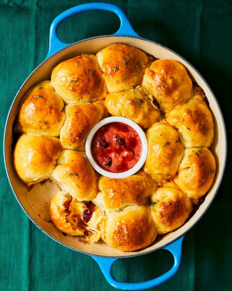 Sausage and cheese brioche wreath with ’nduja cranberry dip