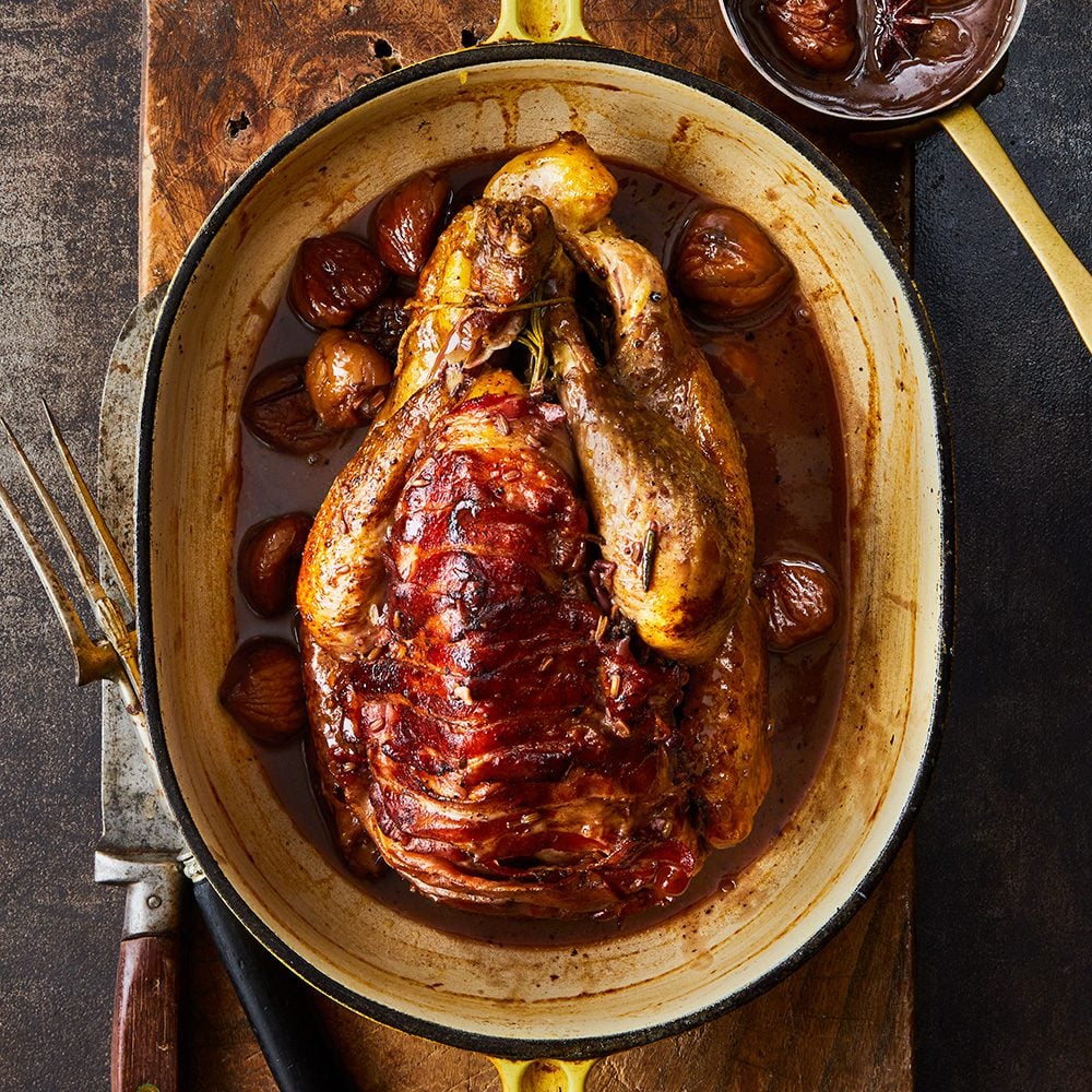 Pot-roast guinea fowl with chestnuts
