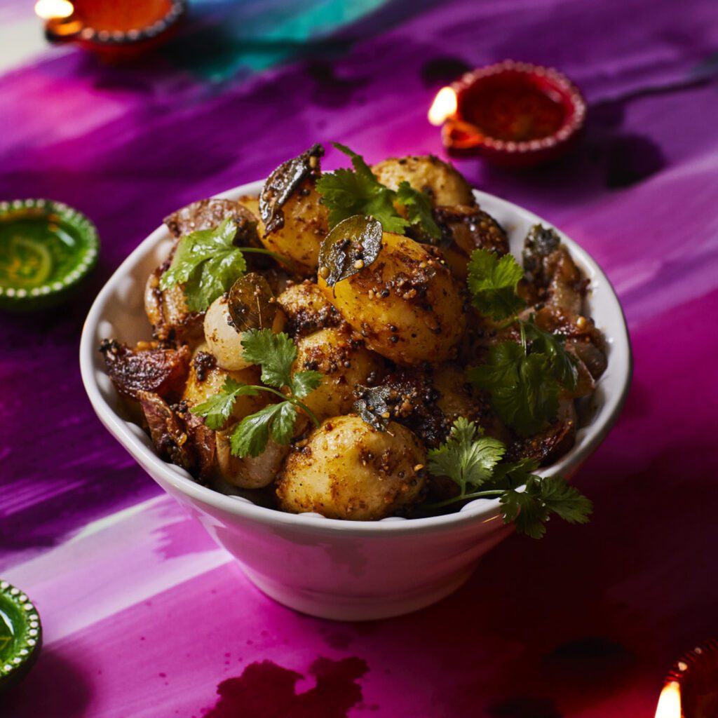 Spicy potato fry with mustard seeds, coriander, chilli and black pepper