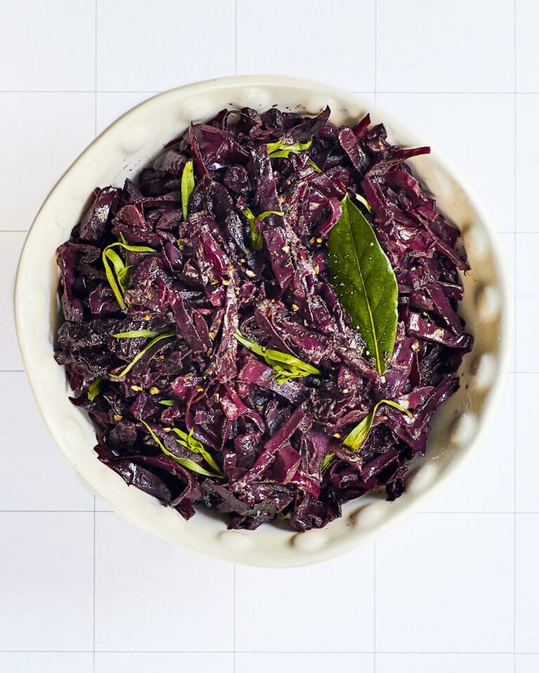 Braised red cabbage with pickled walnuts and tarragon