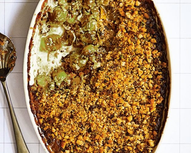 Sprout and anchovy gratin with porcini crumb