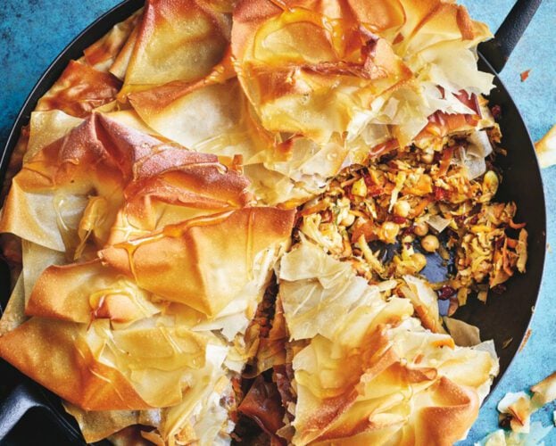 Root vegetable, chickpea, and feta tart