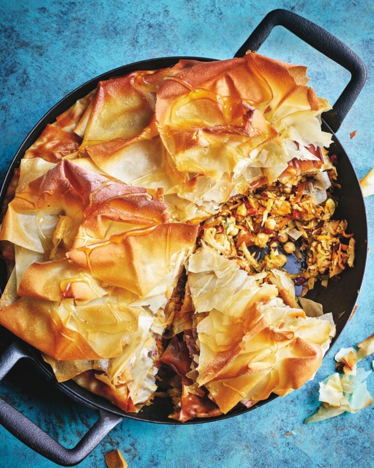 Root vegetable, chickpea, and feta tart