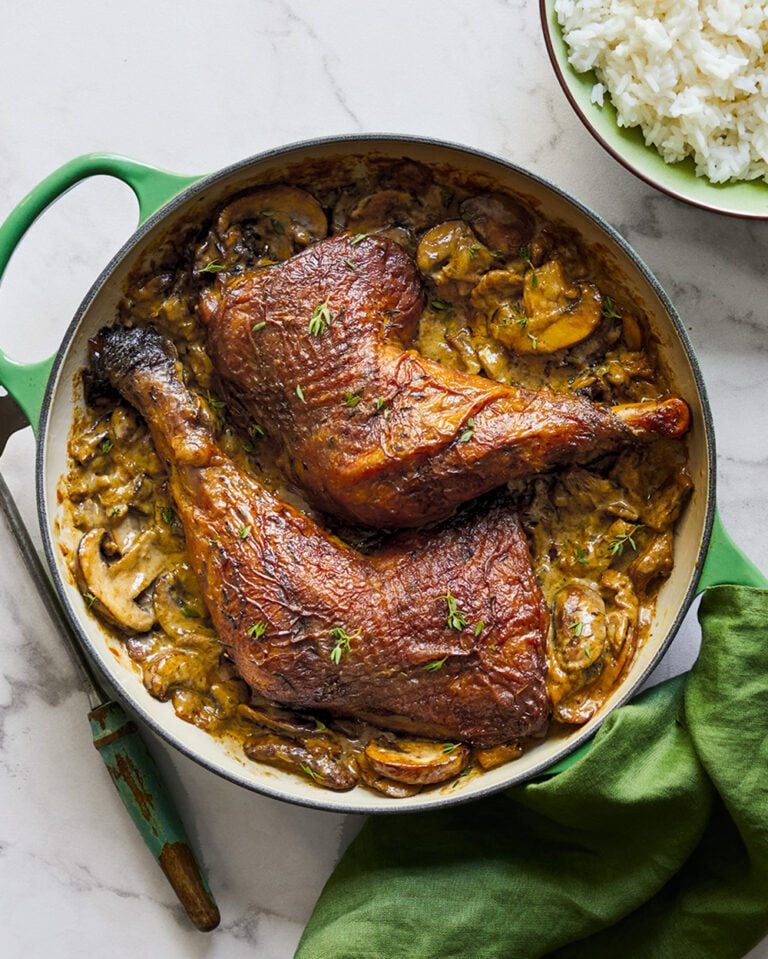 Braised turkey legs with creamy madeira mushrooms