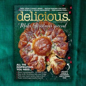 The December 2020 cover of delicious. magazine, featuring a cheese and cranberry pastry wreath