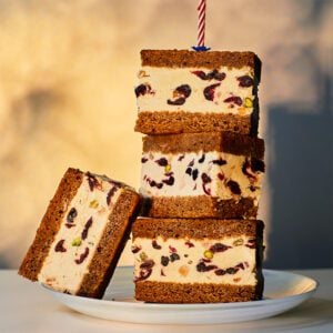 A stack of ice cream sandwiches, the ice cream flecked with dried fruit