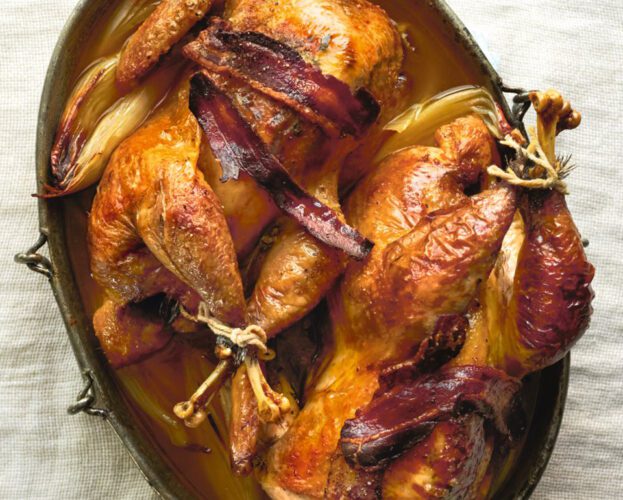 Roast guinea fowl with fennel, shallot and white wine sauce