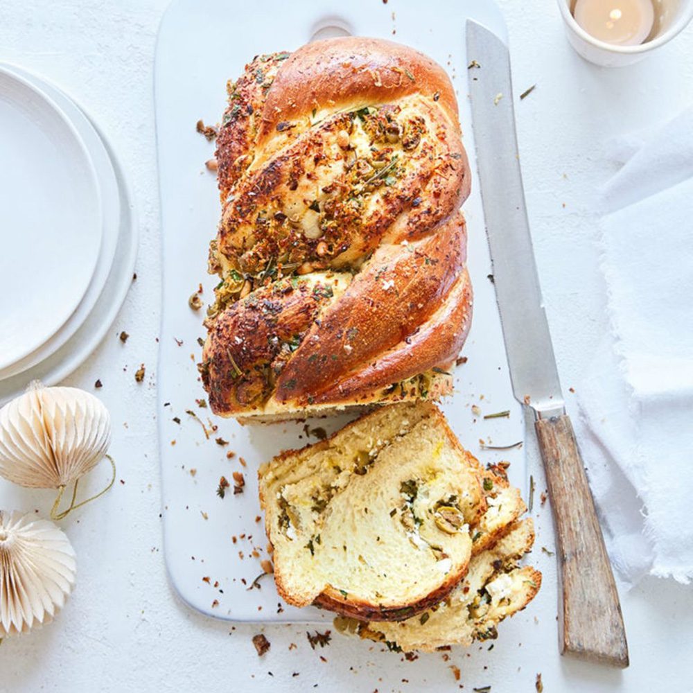 A overhead shot of a golden babka loaf