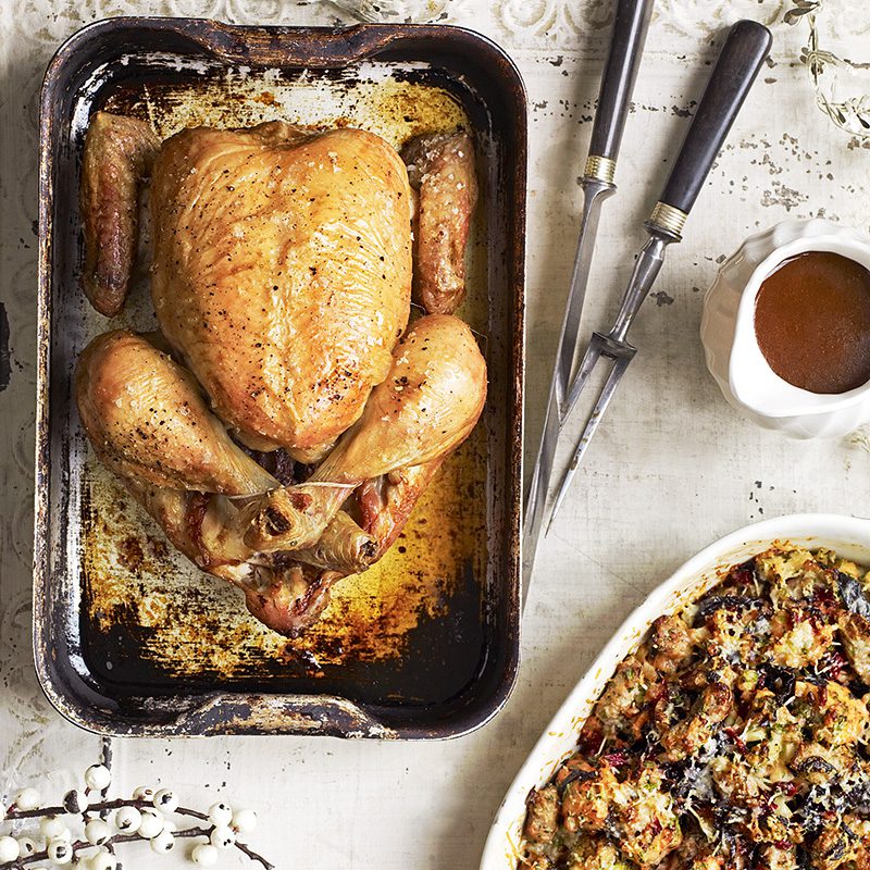 Roast chicken with a dish of stuffing