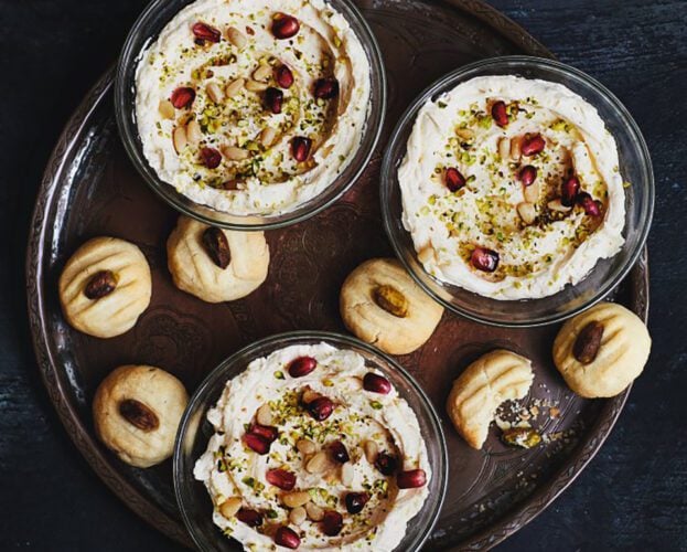 Lebanese syllabub with ghraybeh (pistachio biscuits)