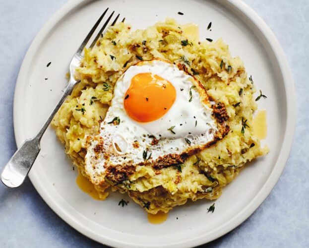 Colcannon with mustard-fried eggs
