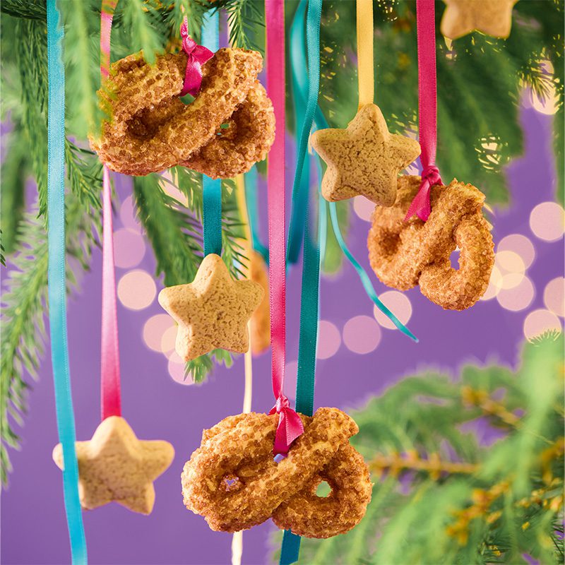 An assortment of Christmas biscuits hung from a tree with colourful ribbons