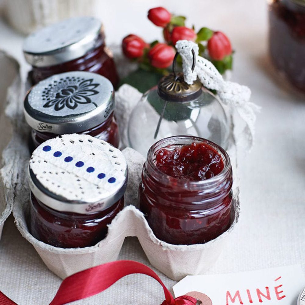 Jars of cranberry jam for Christmas hamper ideas