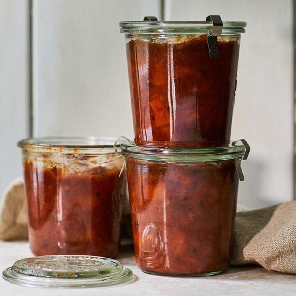 Three clear jars of chutney, for Christmas hamper ideas