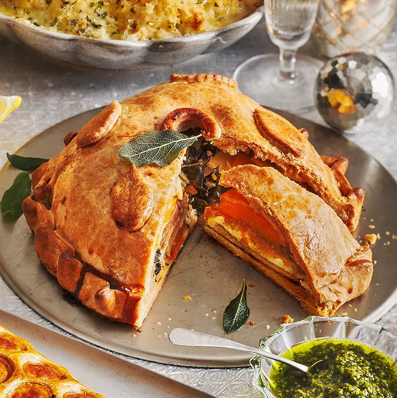 A pastry pithivier filled with vegetables