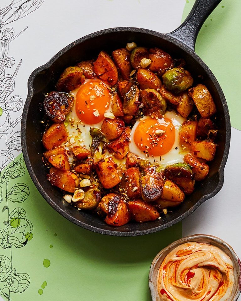 Sprout and harissa hash with tahini yogurt