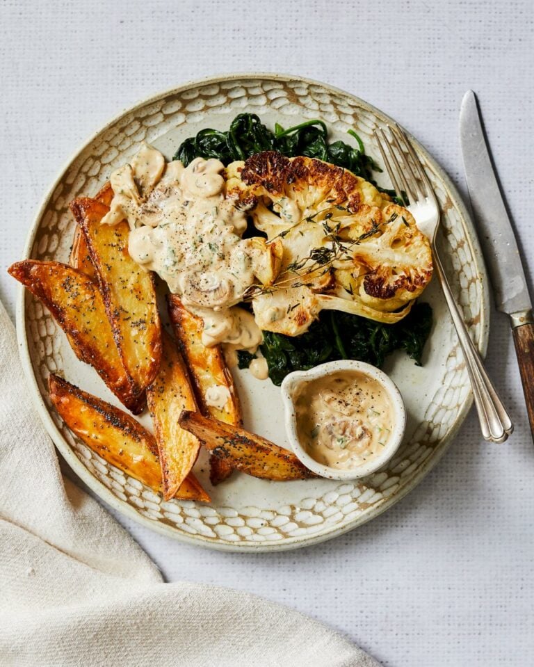 Cauliflower steak diane with potato wedges