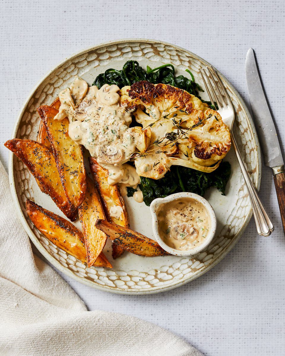 Cauliflower steak diane with potato wedges - delicious. magazine