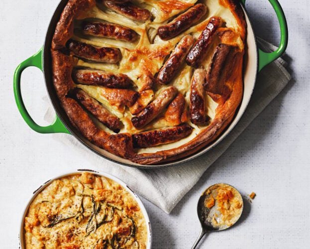 Chipolata toad in the hole with creamed butternut squash
