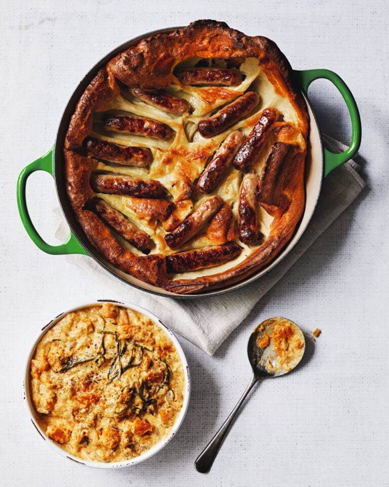 Chipolata toad in the hole with creamed butternut squash