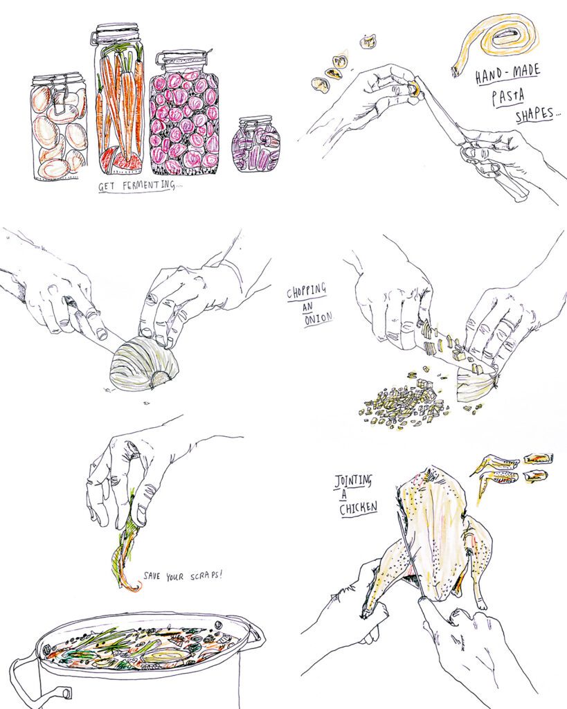 A collection of illustrations, demonstrating kitchen skills including jointing a chicken and fermenting