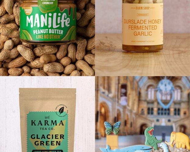 A selection of food products including peanut butter, fermented garlic, tea leaves and iced biscuits